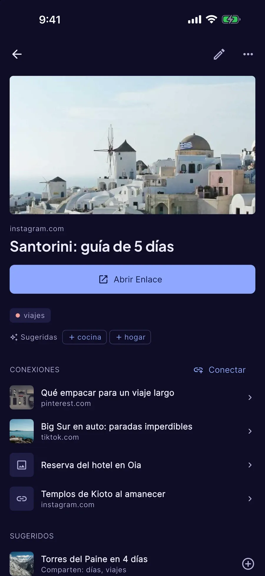 Detalle de una guía de viaje guardada con su imagen, etiquetas y conexiones
