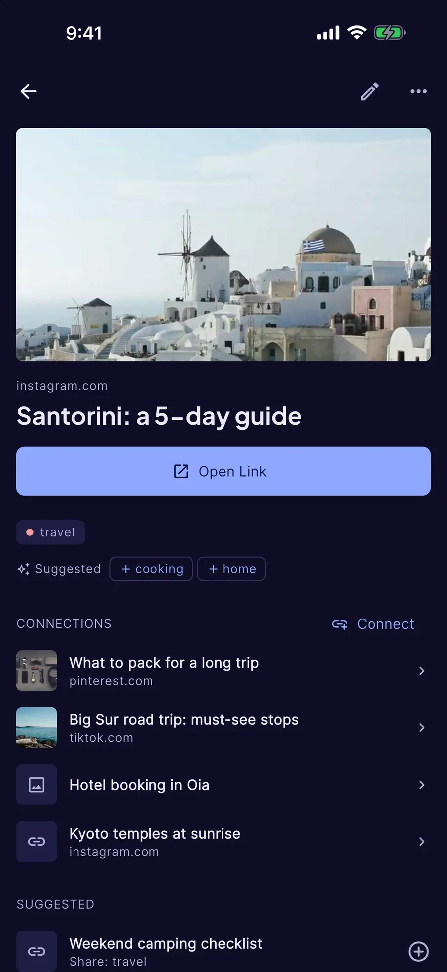 Detail of a saved travel guide with its image, tags and connections