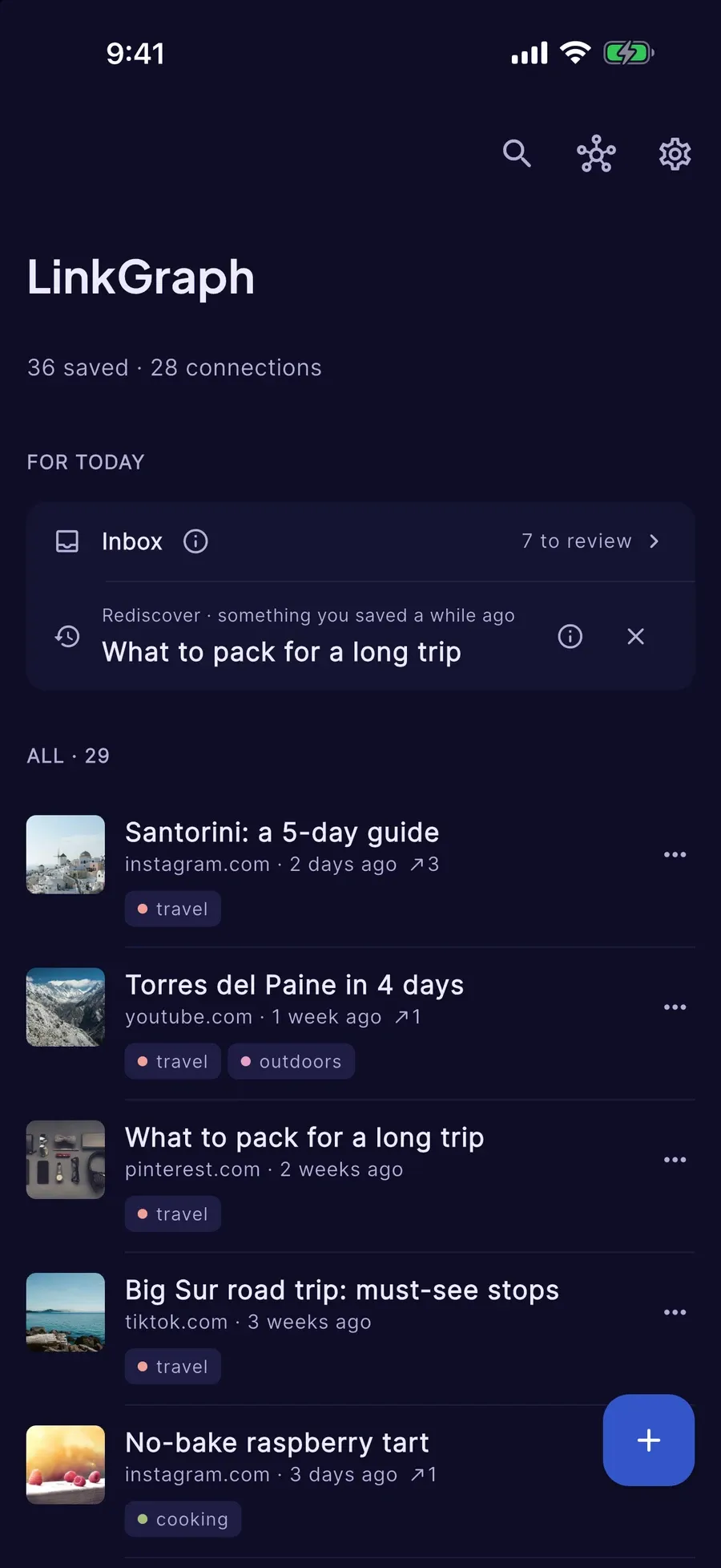 LinkGraph Home with the Today section and the list of saved items