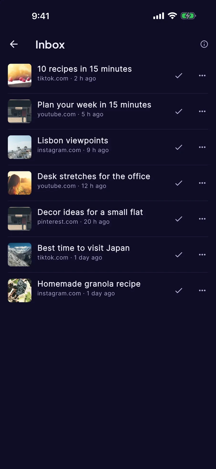LinkGraph Inbox with recently saved recipes, guides and ideas